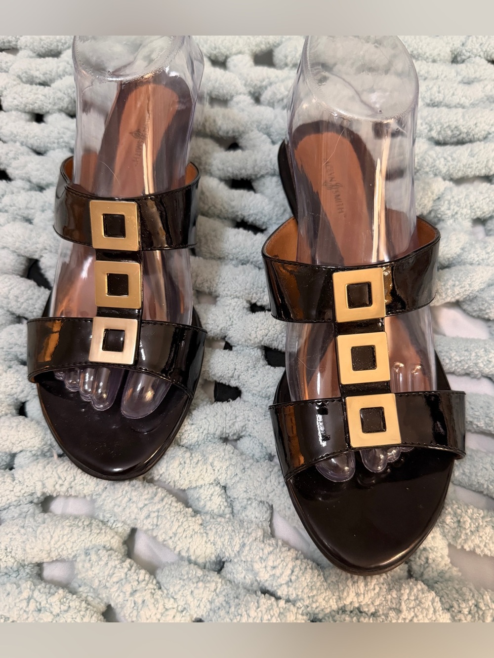 Jaclyn Smith Black Patent Slide Mules with Silver Square Accents Sz 7.5